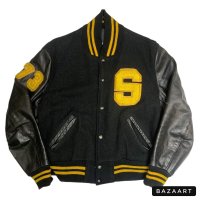 60's-　ARM LEATHER　BASEBALL JACKET　BLACK × BLACK　with PATCHES　good color !!