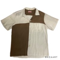 50's ”SPIRE　CALIFORNIA"　FRONT PANNEL　切り替えし　BROWN × WHITE　PIN DOT　PRINTED　SHORT SLEEVE　RAYON SHIRTS　SIZE：L　very good design !!