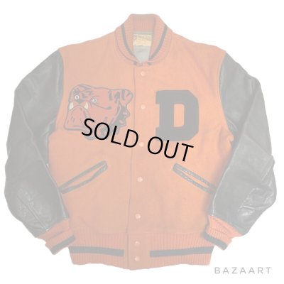 画像1: 50's "W.H.Whiting"　BLACK × ORANGE　ARM LEATHER　BASEBALL JACKET　with BULLDOG PATCH　and DOUBLE RIB KNIT