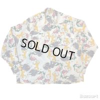 40's Montgomery Ward　"CALIFORNIA"　「ABSTRACT　SPEAR　FISHERMAN　PATTERN」　LONG SLEEVE　RAYON　HAWAIIAN　SHIRTS　WHITE　SIZE：M　ON BOOK !!