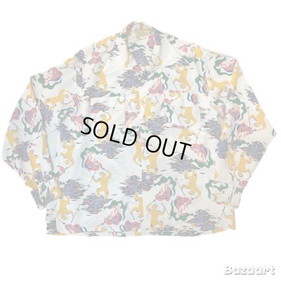 画像1: 40's Montgomery Ward　"CALIFORNIA"　「ABSTRACT　SPEAR　FISHERMAN　PATTERN」　LONG SLEEVE　RAYON　HAWAIIAN　SHIRTS　WHITE　SIZE：M　ON BOOK !!