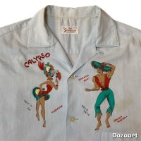 50's "SPORTOP"　RAYON × COTTON　「CALYPSO」　HAND　PRINTED　WITH　BANANAS　AND　GRAPE　SHORT　SLEEVE　ROCKABILLY　SHIRTS　SIZE表記：M　15 - 15 1/2
