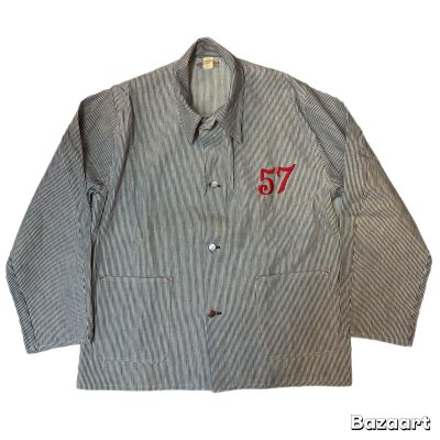 画像1: 40's DEAD STOCK　”It's Walker"　HICKORY STRIPE　2 POCKET　COVERALL JACKET　WITH EMBROIDERY　SIZE:44