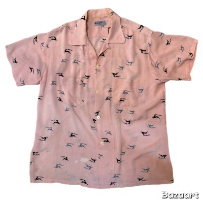 画像1: 50's "harper"　RAYON　SHORT　SLEEVE　SHIRTS　PINK × BLACK × GRAY　PIN 黒 GRAY　nice color　SIZE表記：L
