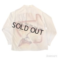 40's　MINT CONDITION　"NYLO - SHEEN　by Troy of California"　WESTERN MOTIF　（Desert　Buffalo Skull　and　Ox Cart　etc.)　BACK PANNEL　HAND PAINTED　LONG SLEEVE　SHIRTS　SIZE：M　very beautuful !!