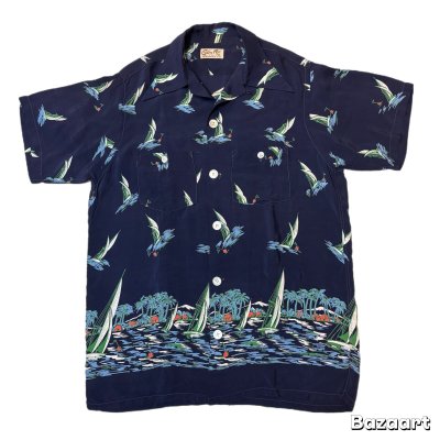 画像1: early 50's "Glen Top"　「HORIZONTAL　PATTERN」　DARK NAVY　RAYON　HAWAIIAN SHIRTS　good printed !!　