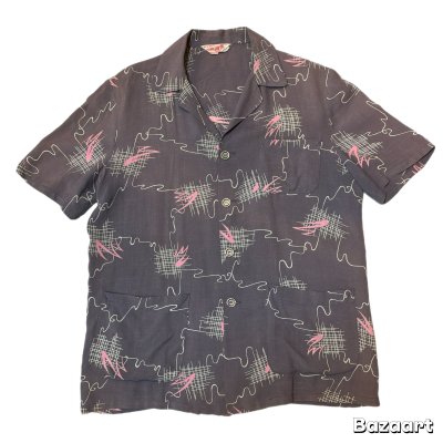 画像1: 50's  "PALMLAND" 「ATOMIC」　PATTERN　PRINTED　SHORT　SLEEVE　RAYON　SHIRTS　GRAY × PINK　SIZE：M　SPECIAL !!