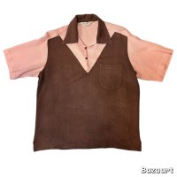 50's "Creveling" PINK × BROWN PULLOVER SHORT SLEEVE RAYON SHIRTS SIZE表記:L