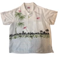 50's "Berma"　PINK　FLAMINGO,　PALMTREE　AND　SO　ON　HORIZONTAL　PATTERN　WHITE　RAYON　HAWAIIAN　SHIRTS　SIZE表記：M　