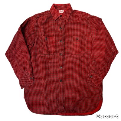 画像1: 40's "PILGRIM"　千鳥格子 CHECK　PATTERN　PRINTED　COTTON　FLANNEL　SHIRTS　マチ付き　BLACK × BURGUNDY　SIZE:実寸 M