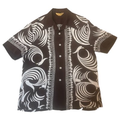 画像1: 40's "ROYAL　PALM”　「WHITE　HERON（シロサギ）　PATTERN」　BILLIARDS　STYLE　（MIAMI　STYLE）　RAYON　HAWAIIAN　SHIRTS　SIZE表記：L　SPECIAL !!