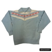 50's "PILGRIM"　SNOWFLAKES　PATTERN　襟付き HALF ZIP.　SWEAT　SHIRTS　SAX BLUE　good size !!