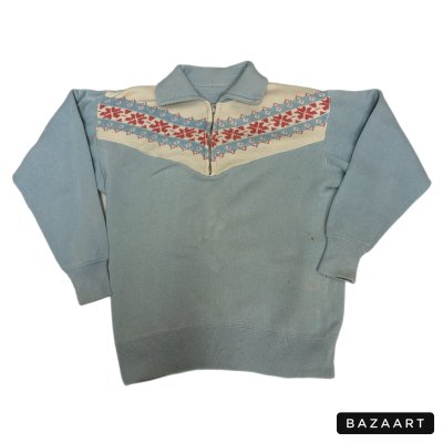 画像1: 50's "PILGRIM"　SNOWFLAKES　PATTERN　襟付き HALF ZIP.　SWEAT　SHIRTS　SAX BLUE　good size !!