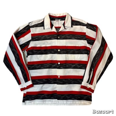画像1: 50's- "TEXTRON"　BLACK × WHITE × RED　BORDER　PATTERN　PRINTED　COTTON　LONG　SLEEVE　SHIRTS　SIZE表記：L