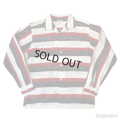 画像1: 50's- "TEXTRON"　BLACK × WHITE × RED　BORDER　PATTERN　PRINTED　COTTON　LONG　SLEEVE　SHIRTS　SIZE表記：L