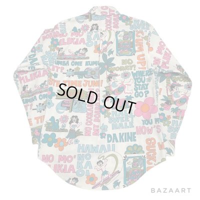 画像4: around 80's "Go Barefoot"　LONG SLEEVE　PRINTED　COTTON HAWAIIAN SHIRTS　good printed !!