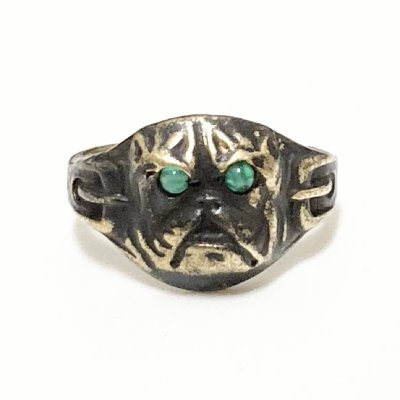 画像1: ”BULLDOG” MOTIF BRASS RING WITH GREEN EYES　13号　(5)