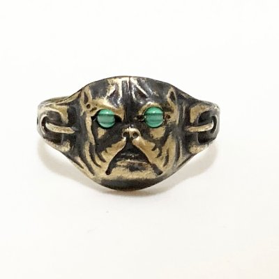 画像1: ”BULLDOG” MOTIF BRASS RING WITH GREEN EYES　17号　(2)