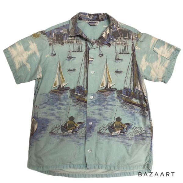 画像1: 50's "PILGRIM"　HORIZONTAL PATTERN　COTTON　HAWAIIAN SHIRTS　WITH　UNUSUAL　SLEEVE POCKET (1)