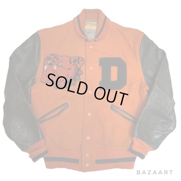 画像1: 50's "W.H.Whiting"　BLACK × ORANGE　ARM LEATHER　BASEBALL JACKET　with BULLDOG PATCH　and DOUBLE RIB KNIT (1)