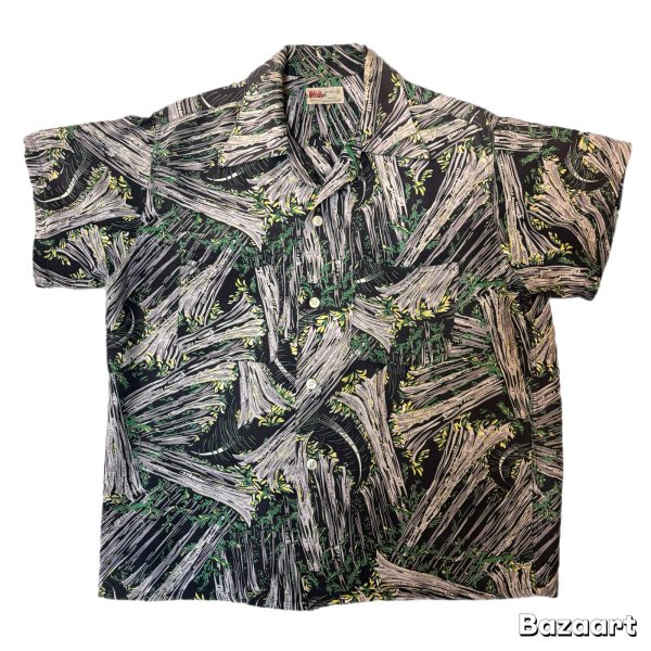 画像1: 50's "B.V.D."　ABSTRACT　PATTERN　RAYON　HAWAIIAN　SHIRTS　BLACK　SIZE：M　15 - 15 1/2 (1)
