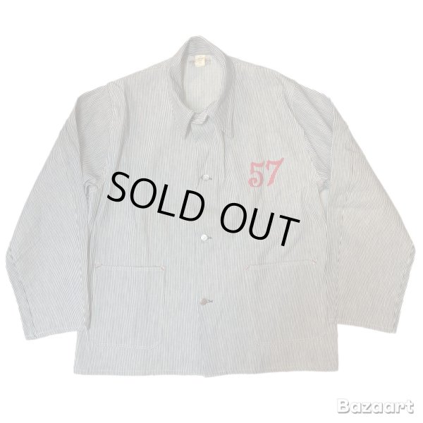 画像1: 40's DEAD STOCK　”It's Walker"　HICKORY STRIPE　2 POCKET　COVERALL JACKET　WITH EMBROIDERY　SIZE:44 (1)