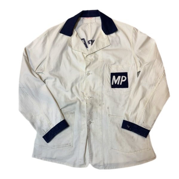 画像1: 40's- "COVERALL　MFG.　CO."　H.B.T.　WHITE × DARK NAVY　2 TONE　COLOR　COVERALL　JACKET　WITH　EMBROIDERY　SIZE表記：44 (1)