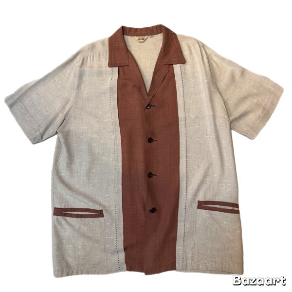 画像1: 50's "steig"　2 TONE　COLOR　SHORT　SLEEVE　RAYON　GABARDINE　SHIRTS　WITH　NEP　BILLIARDS　STYLE　SIZE表記：XLARGE (1)