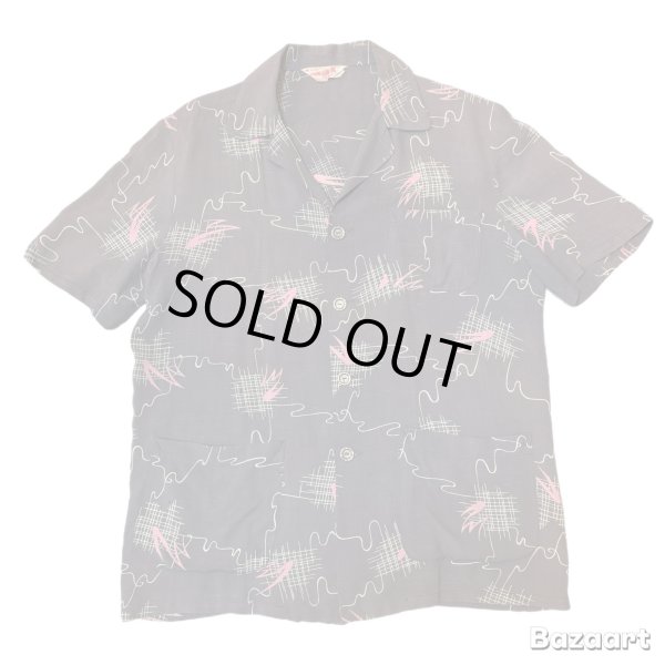 画像1: 50's  "PALMLAND"　「ATOMIC」　PATTERN　PRINTED　SHORT　SLEEVE　RAYON　SHIRTS　GRAY × PINK　SIZE：M　SPECIAL !! (1)