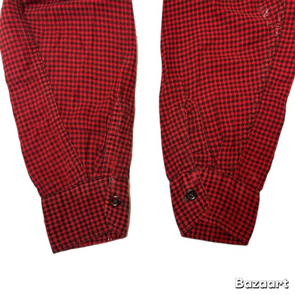 画像12: 40's "PILGRIM"　千鳥格子 CHECK　PATTERN　PRINTED　COTTON　FLANNEL　SHIRTS　マチ付き　BLACK × BURGUNDY　SIZE:実寸 M (12)