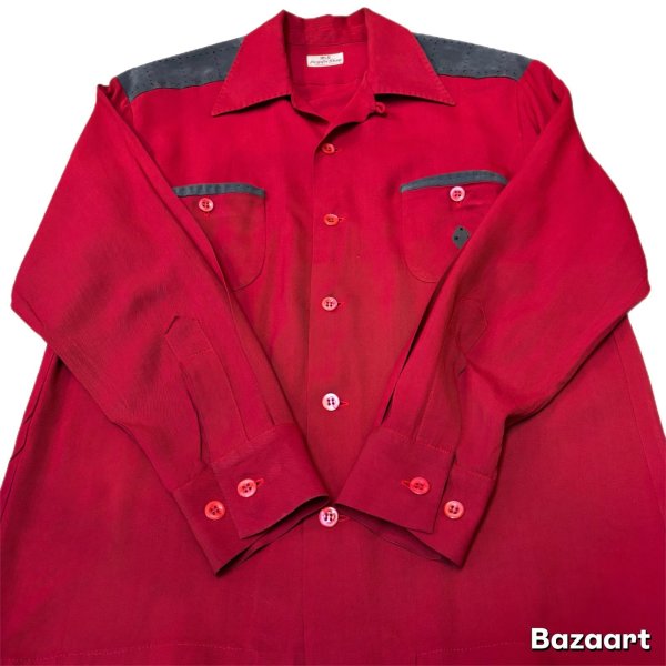 画像17: 50's "Argyle Shop"　COTTON　SUEDE　PATCHED　WITH　SEWING　RAYON　GABARDINE　LONG　SLEEVE　SHIRTS　SIZE表記：M　good condition !! (17)