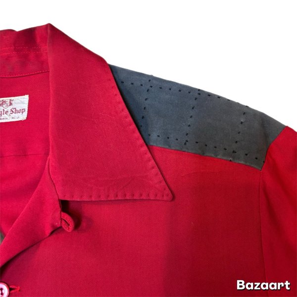 画像10: 50's "Argyle Shop"　COTTON　SUEDE　PATCHED　WITH　SEWING　RAYON　GABARDINE　LONG　SLEEVE　SHIRTS　SIZE表記：M　good condition !! (10)