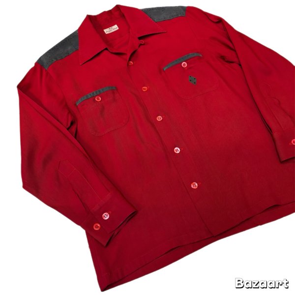 画像20: 50's "Argyle Shop"　COTTON　SUEDE　PATCHED　WITH　SEWING　RAYON　GABARDINE　LONG　SLEEVE　SHIRTS　SIZE表記：M　good condition !! (20)