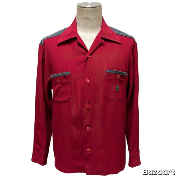 画像21: 50's "Argyle Shop"　COTTON　SUEDE　PATCHED　WITH　SEWING　RAYON　GABARDINE　LONG　SLEEVE　SHIRTS　SIZE表記：M　good condition !! (21)