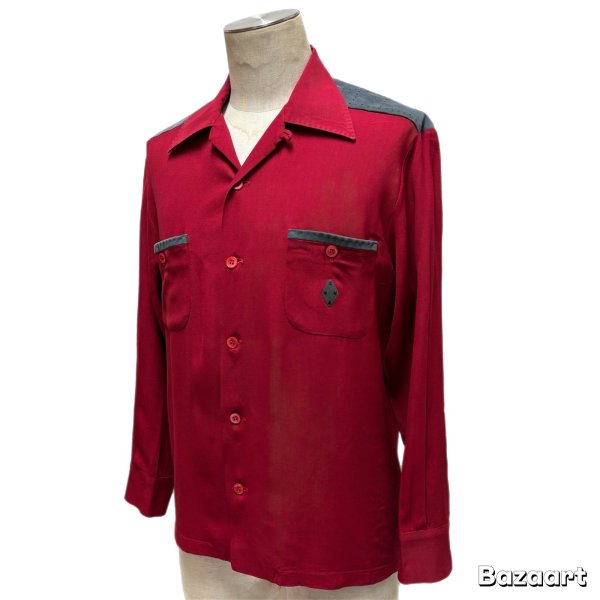 画像22: 50's "Argyle Shop"　COTTON　SUEDE　PATCHED　WITH　SEWING　RAYON　GABARDINE　LONG　SLEEVE　SHIRTS　SIZE表記：M　good condition !! (22)
