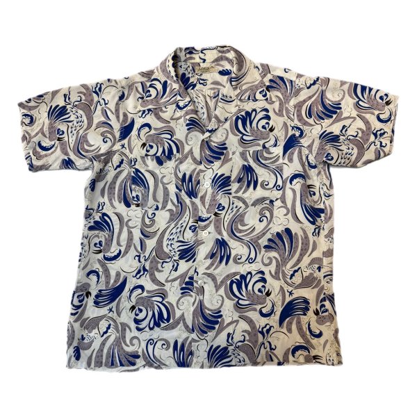 画像1: 50's "Del. Montz"　「ROOSTER」　PRINNTED　RAYON　HAWAIIAN　SHIRTS　WHITE ベース　special !! (1)