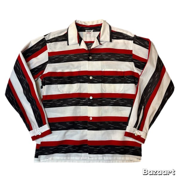 画像1: 50's- "TEXTRON"　BLACK × WHITE × RED　BORDER　PATTERN　PRINTED　COTTON　LONG　SLEEVE　SHIRTS　SIZE表記：L (1)
