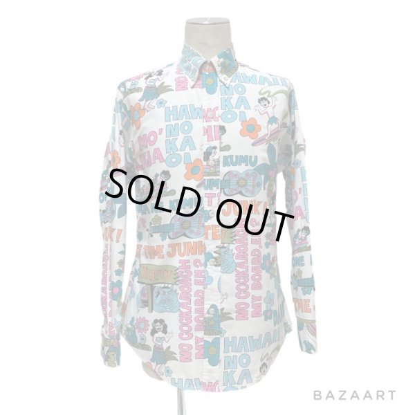 画像24: around 80's "Go Barefoot"　LONG SLEEVE　PRINTED　COTTON HAWAIIAN SHIRTS　good printed !! (24)