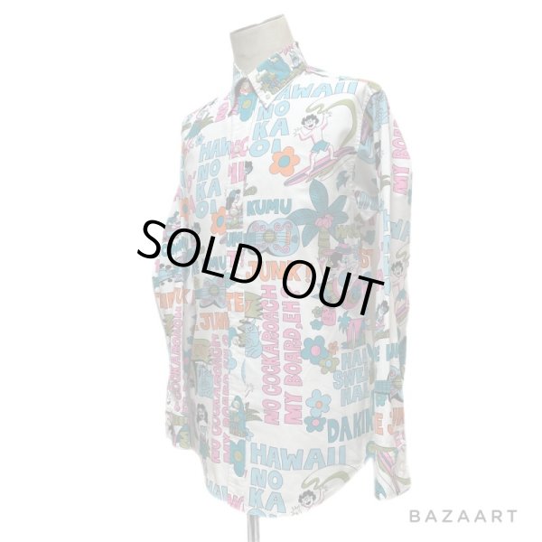 画像25: around 80's "Go Barefoot"　LONG SLEEVE　PRINTED　COTTON HAWAIIAN SHIRTS　good printed !! (25)