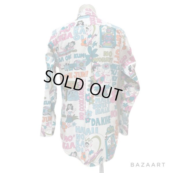 画像26: around 80's "Go Barefoot"　LONG SLEEVE　PRINTED　COTTON HAWAIIAN SHIRTS　good printed !! (26)