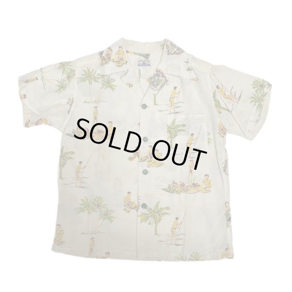 画像1: 40's DEAD STOCK　"Kihi Kihi"　RAYON　HAWAIIAN SHIRTS　WHITE　size:BOY'S (1)