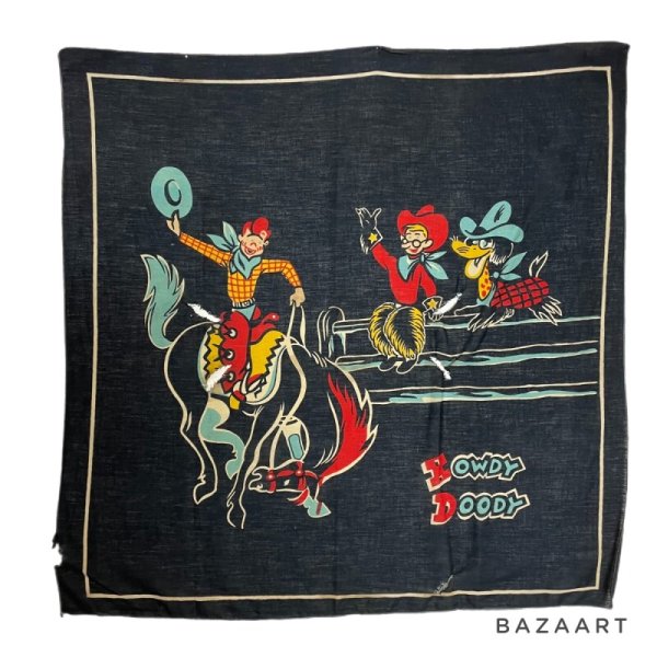 画像1: 50's "HOWDY DOODY"　BLACK　COTTON　BANDANA　（SCARF)　VERY BIG SIZE !!　70cm × 70cm (1)